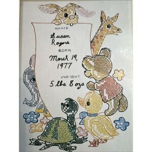 Vtg 70s Cross Stitch Kit Baby Annoucement Columbia Minerva Cute Animal Unused